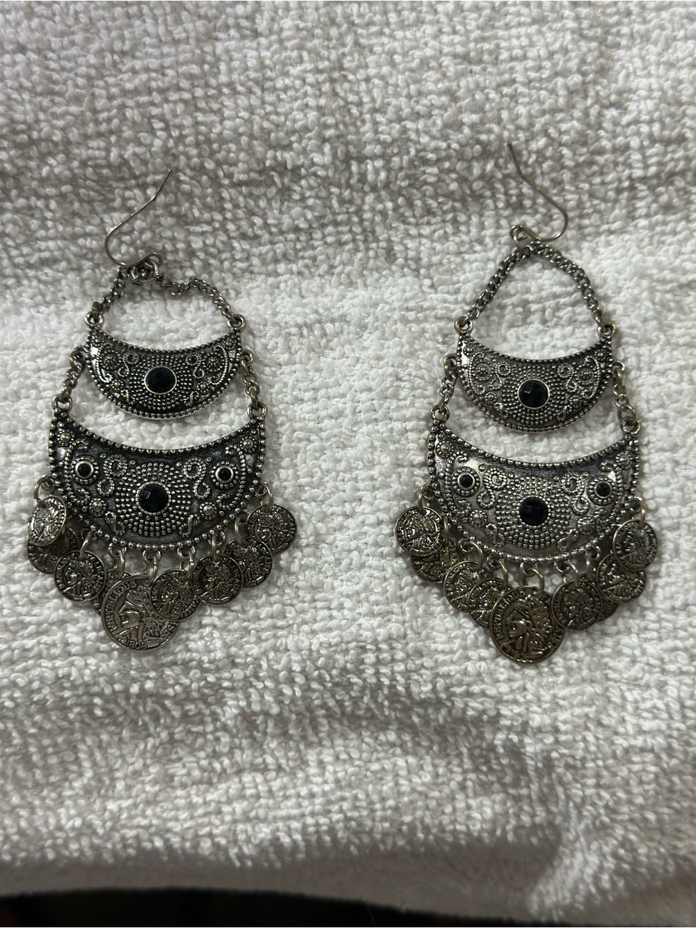 Silver-Tone Black Accent Bohemian Drop Earrings